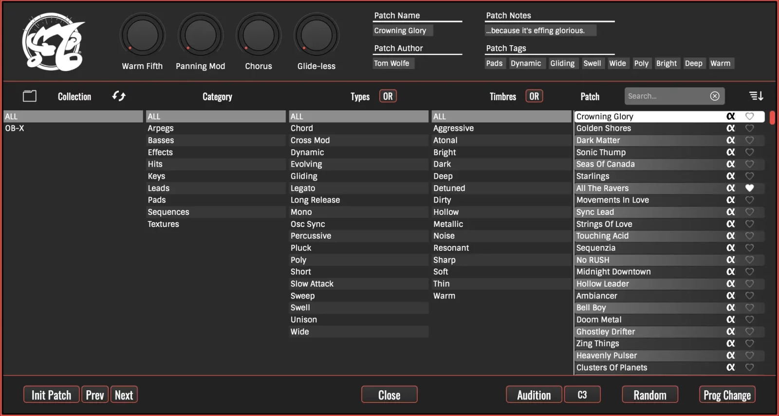 Oberheim OB-X Browser section screenshot