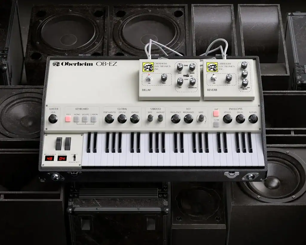 Oberheim OB-EZ synthesizer with control knobs and keyboard.