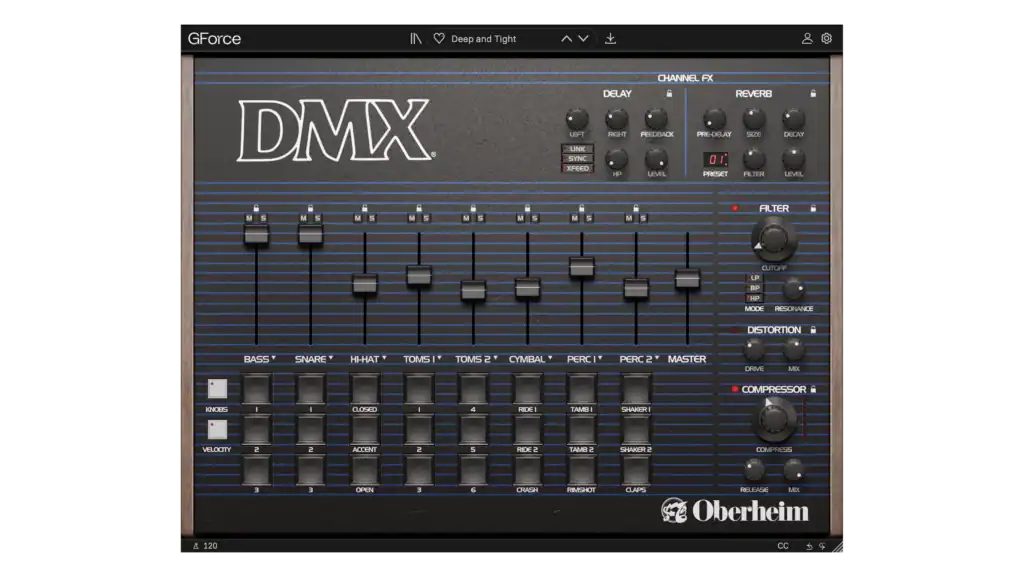 Oberheim DMX drum machine plugin interface by GForce Software.