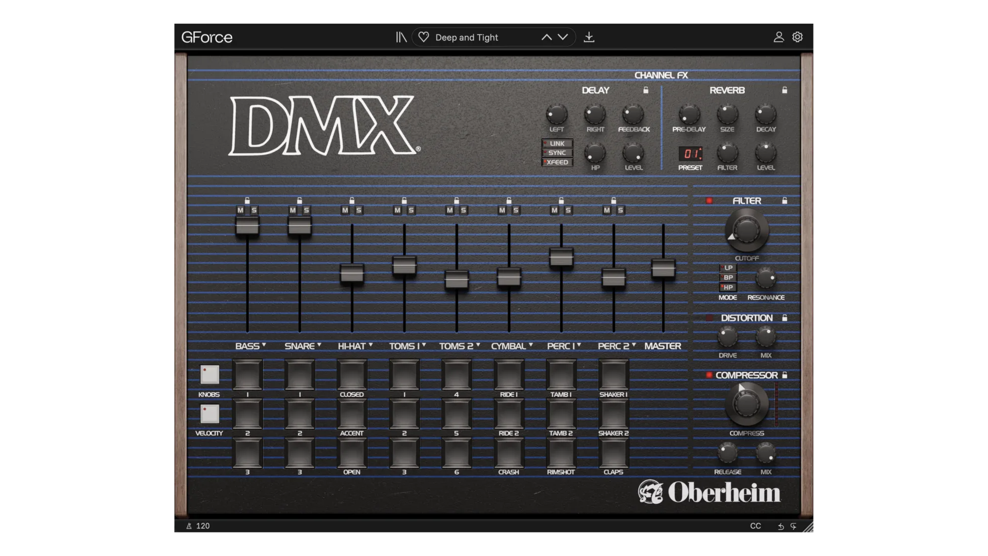Oberheim DMX drum machine plugin interface by GForce Software.