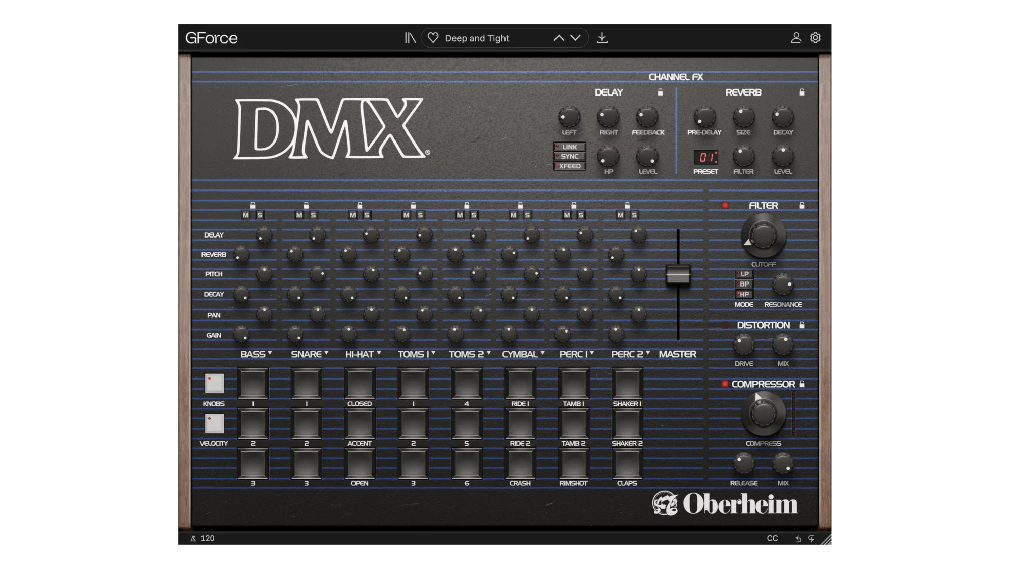 Close-up of Oberheim DMX drum machine with controls and knobs.