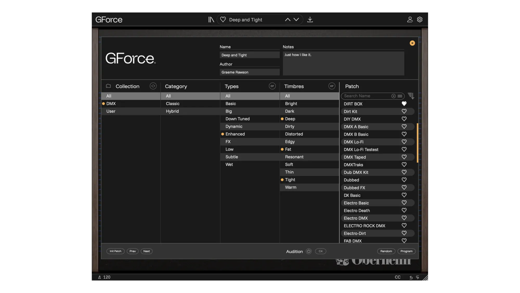 Screenshot of GForce Software Oberheim DMX plugin with sound design options.