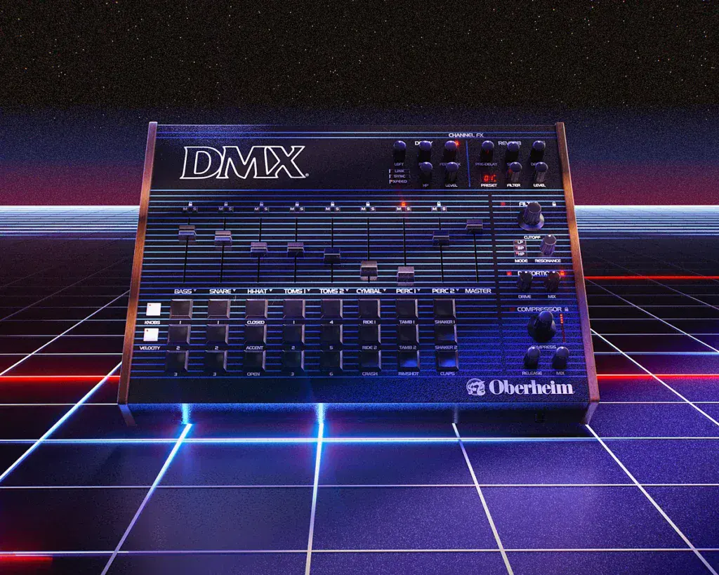 Oberheim DMX drum machine on a neon grid with starry background.