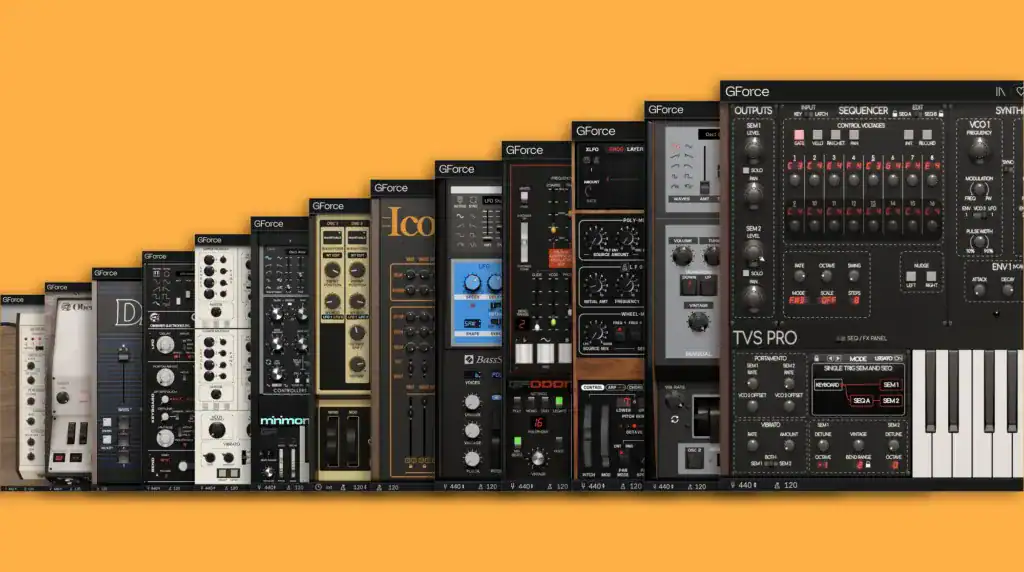 Collection of GForce Analogue Series synthesizer plugins on orange background.