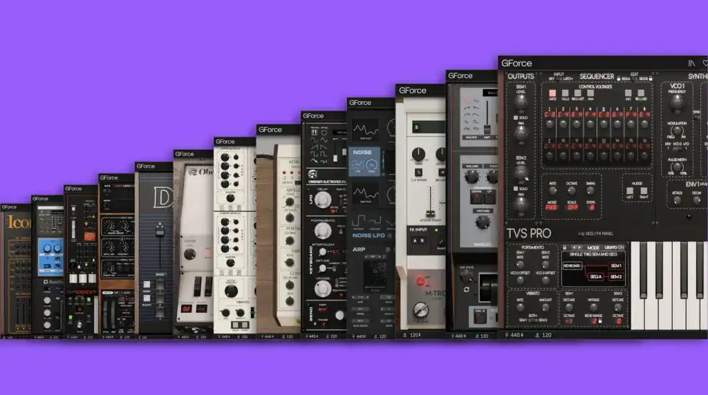 Collection of GForce Software synthesizers on purple background.