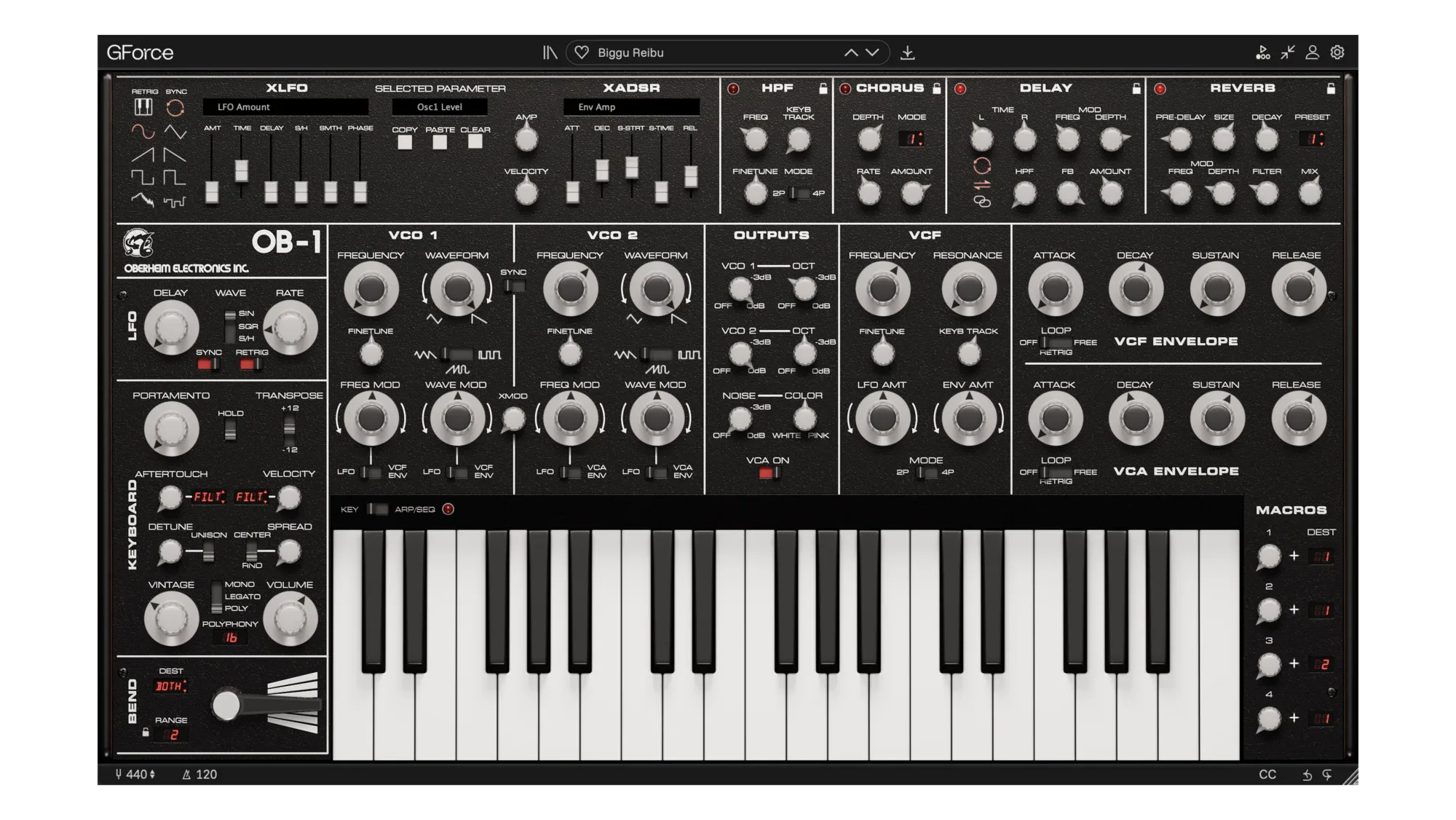 GForce Oberheim OB-1 virtual synthesizer interface with controls and keyboard.