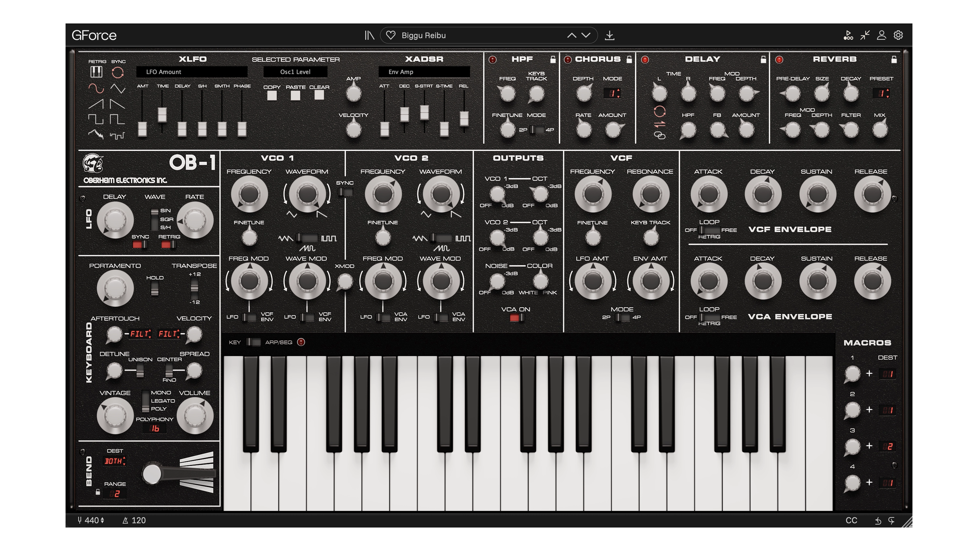 GForce Oberheim OB-1 virtual synthesizer interface with controls and keyboard.