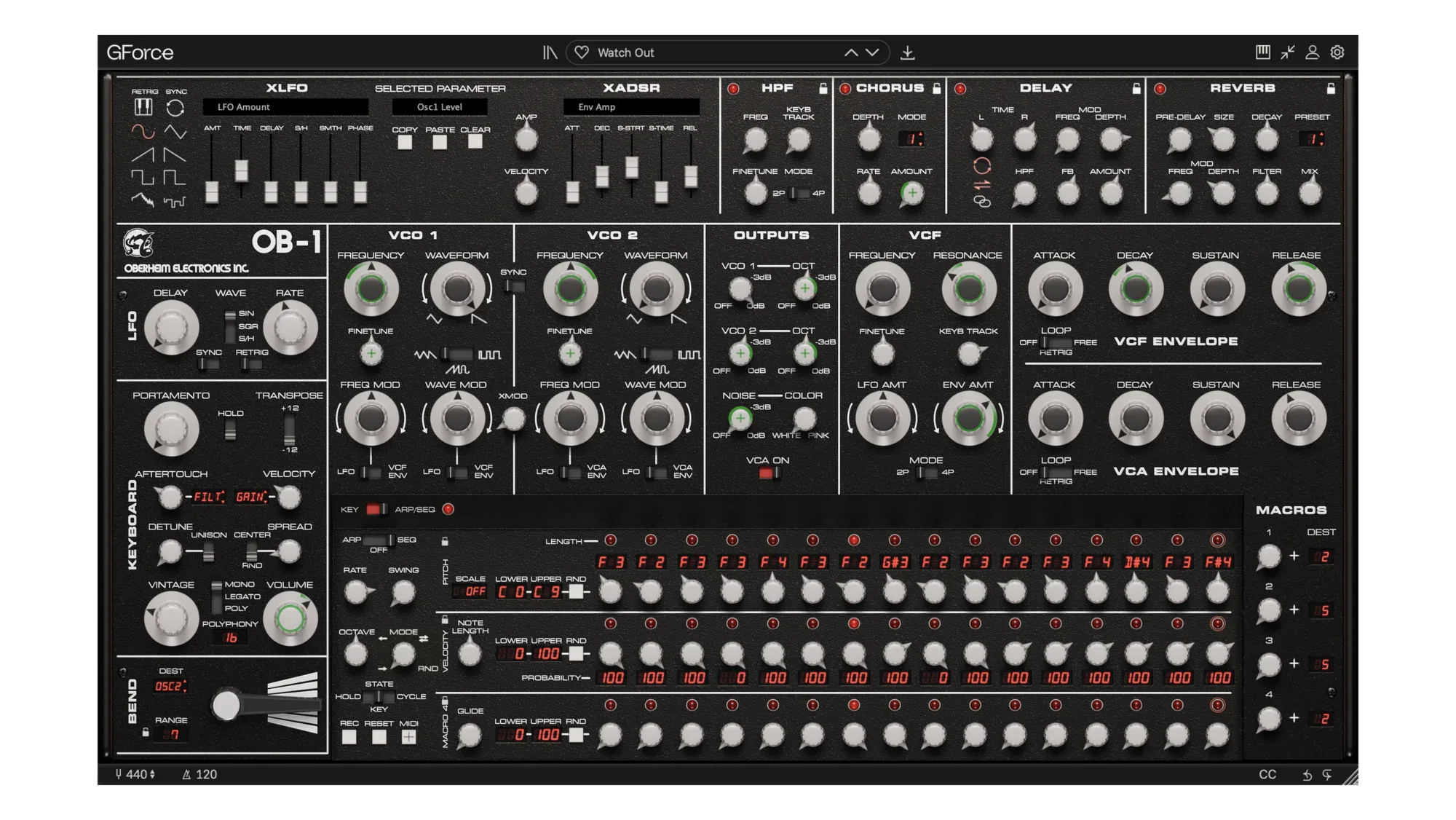 GForce OB-1 synthesizer interface with knobs and controls for sound design.