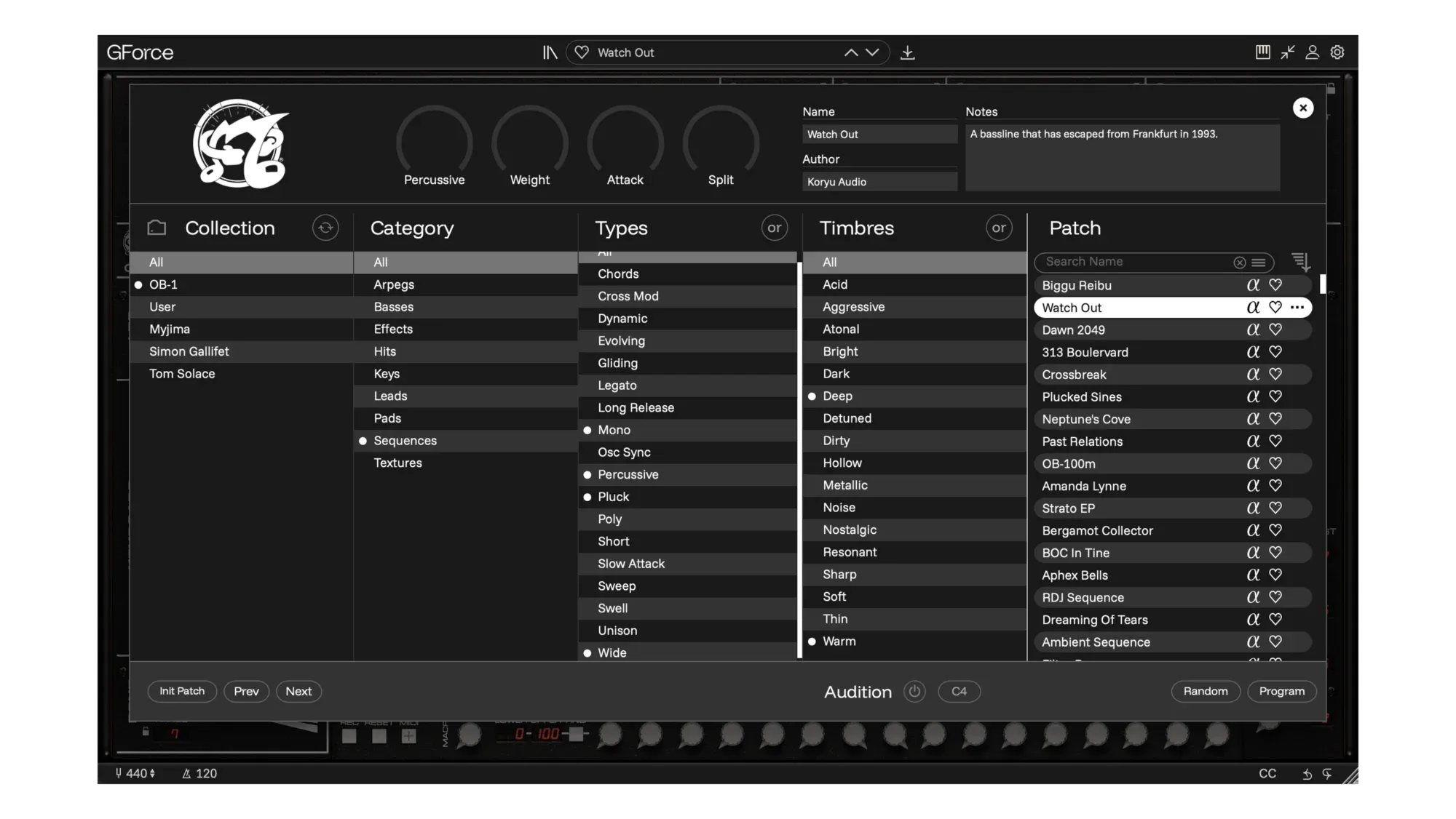 Screenshot of GForce Software Oberheim OB-1 plugin interface with controls and settings.
