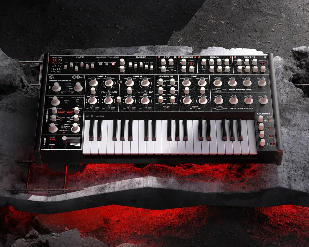 Oberheim OB-1 synthesizer with control knobs and keyboard.