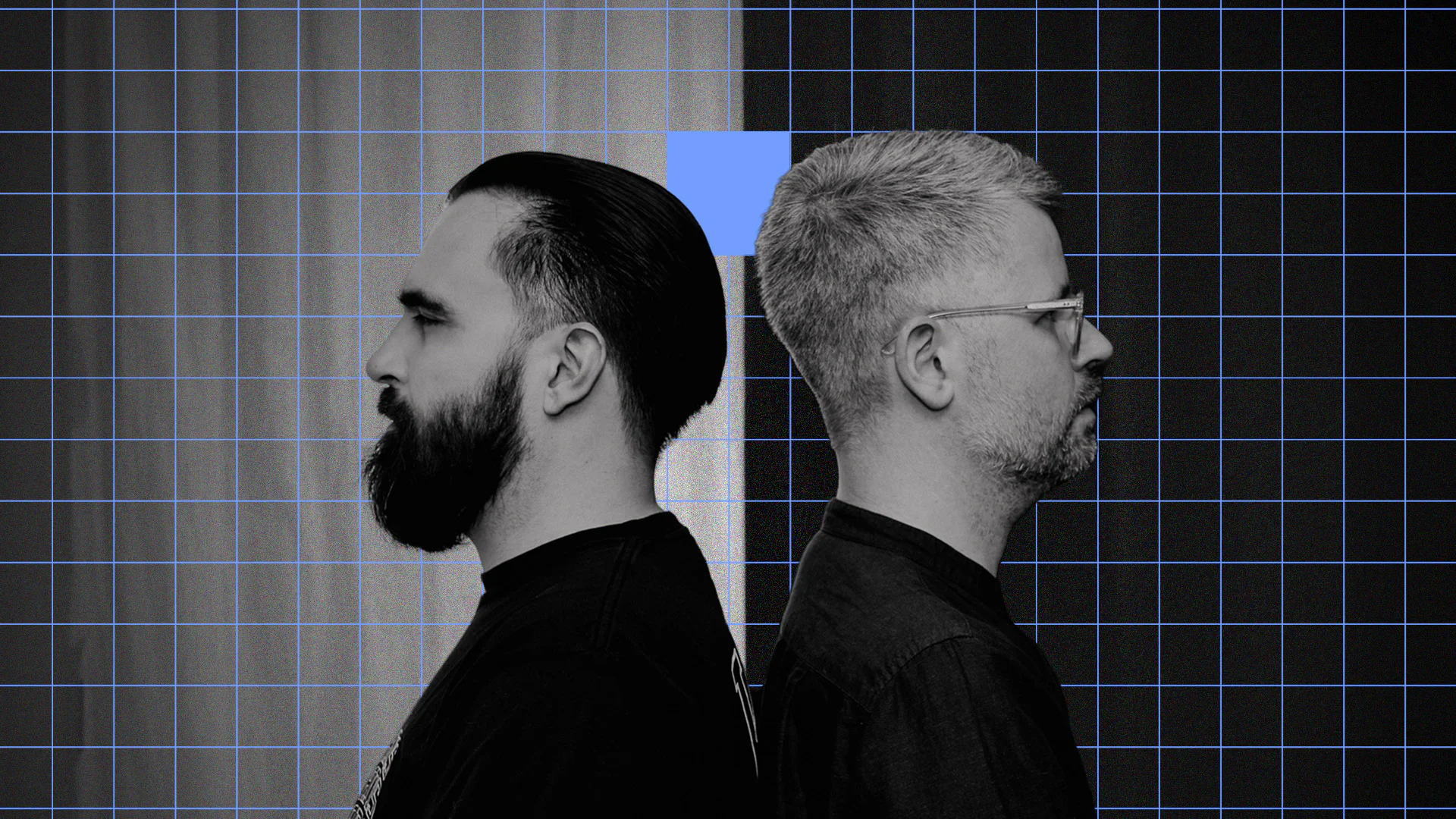 Two men in profile with grid background demonstrating sound design.