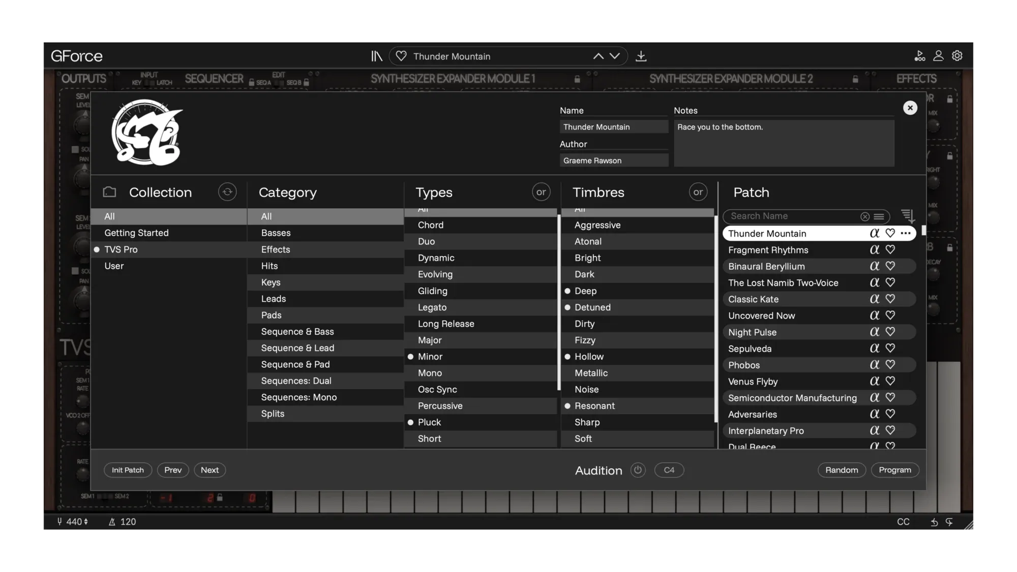 Screenshot of GForce Software Oberheim® TVS Pro interface with controls and settings.