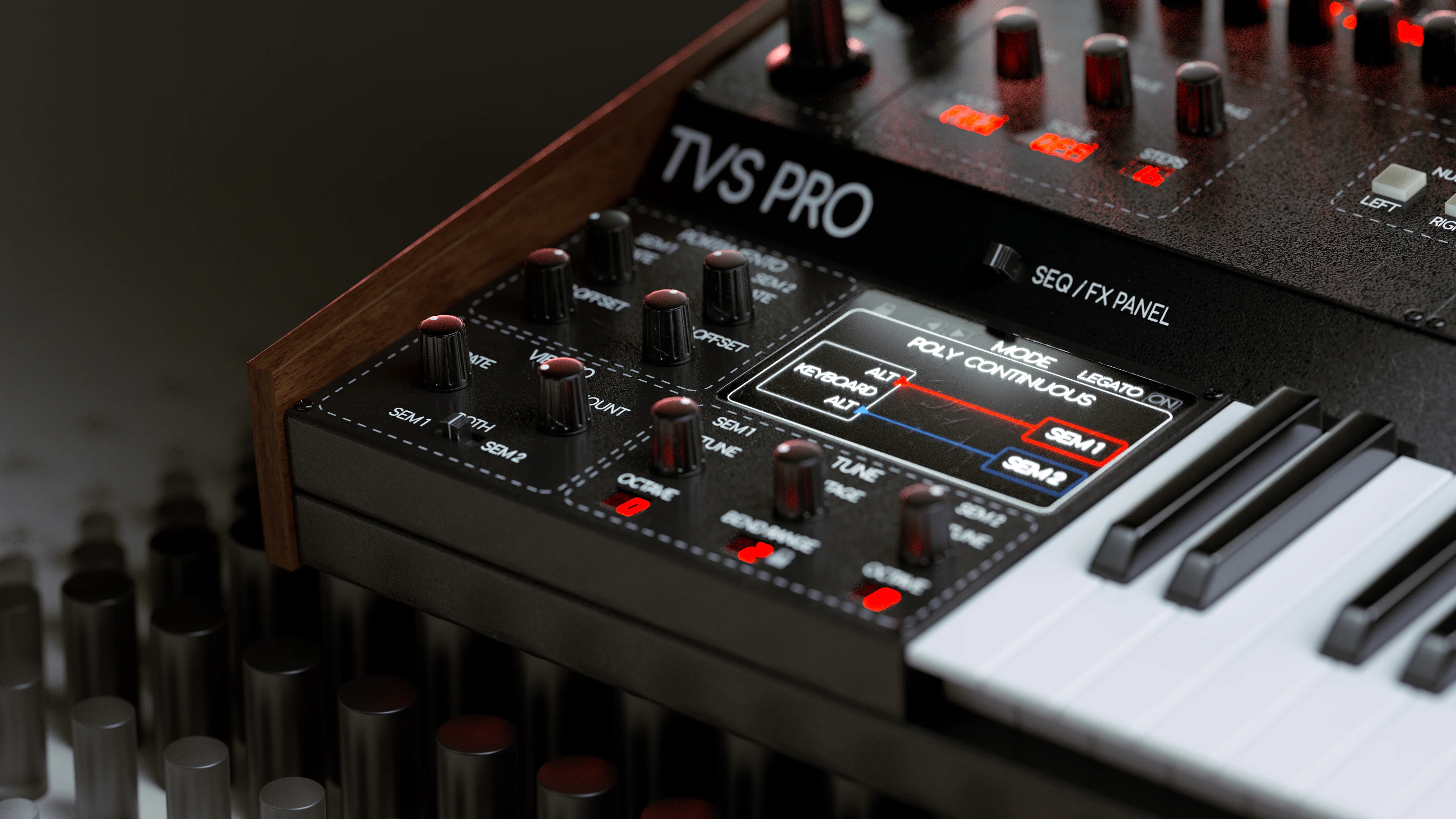 Close-up of GForce Software Oberheim® TVS Pro synthesizer interface.