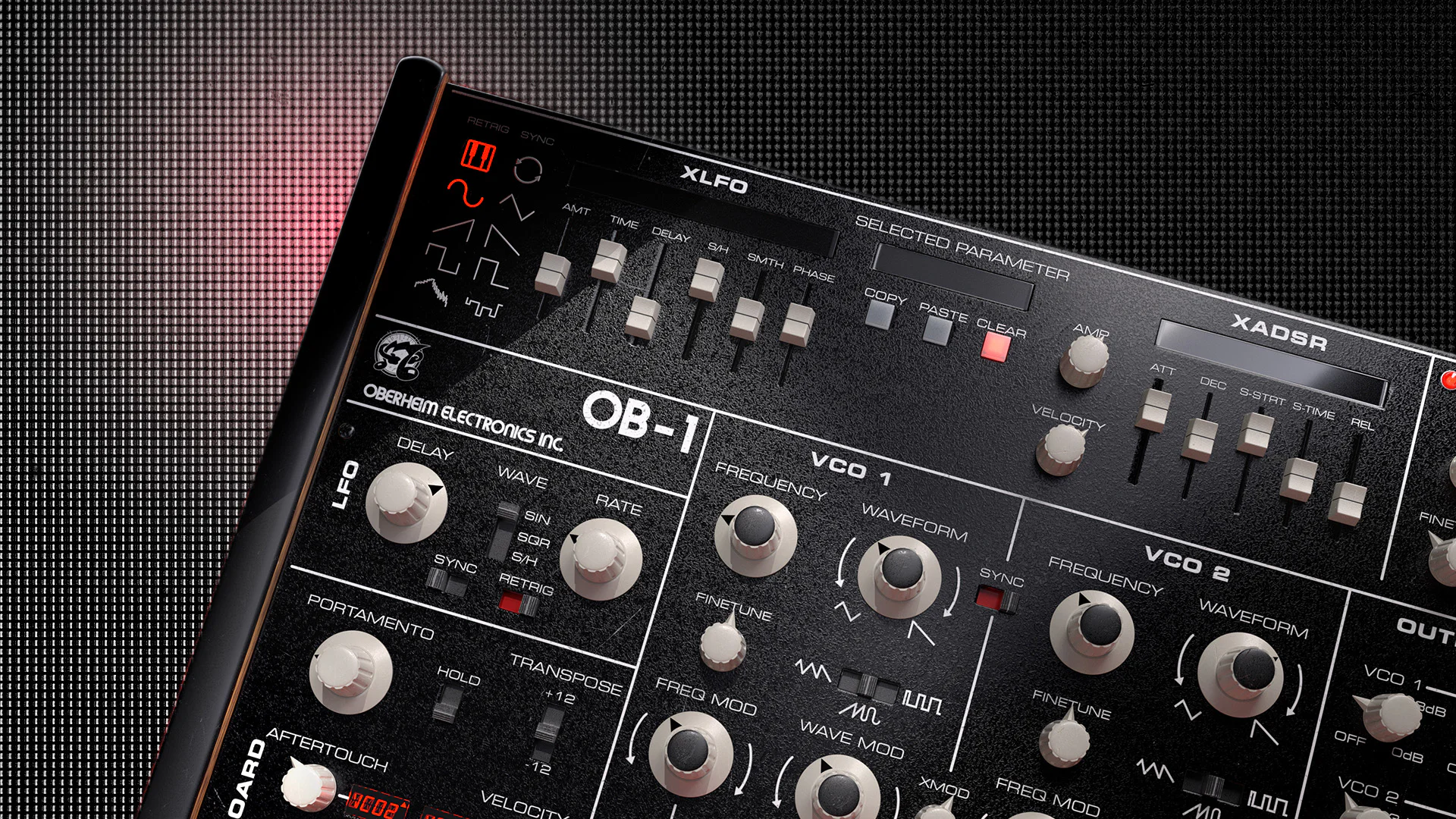 Close-up of the Oberheim OB-1 vintage synthesizer with controls and LED display.