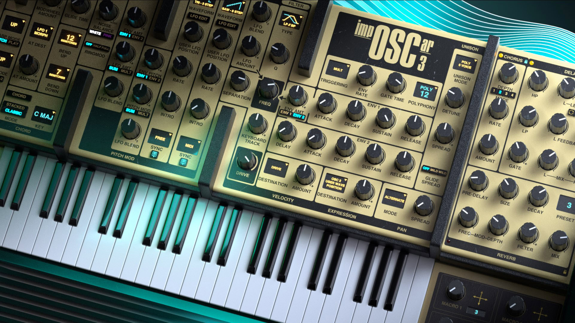 Close-up of Gforce Software OSC ARP 2600 synthesizer with knobs and keyboard.
