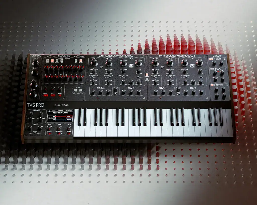 Oberheim® TVS Pro synthesizer with control knobs and keyboard.