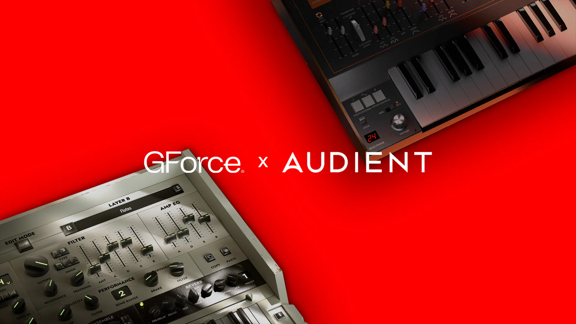 GForce and Audient logo with audio equipment on red background.