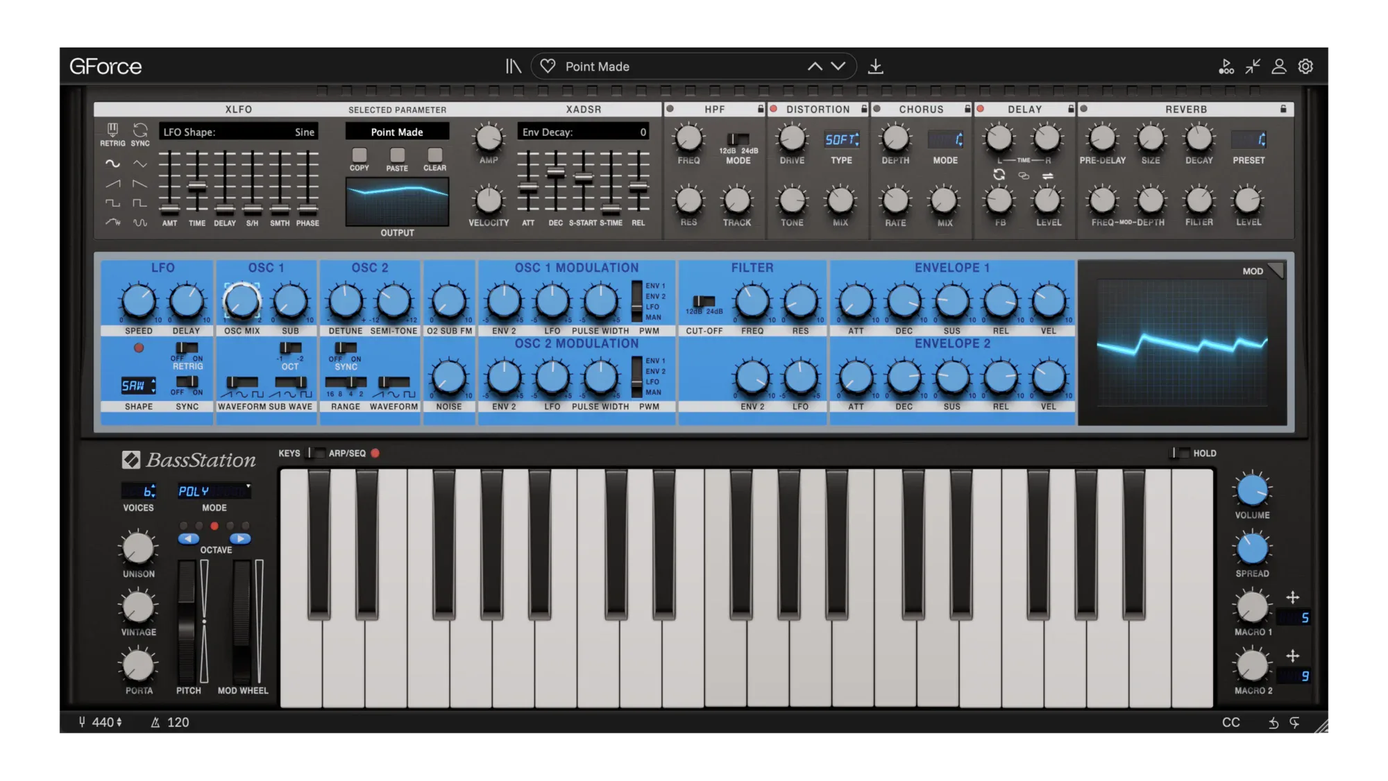 Novation Bass Station synthesizer plugin interface with controls and keyboard.