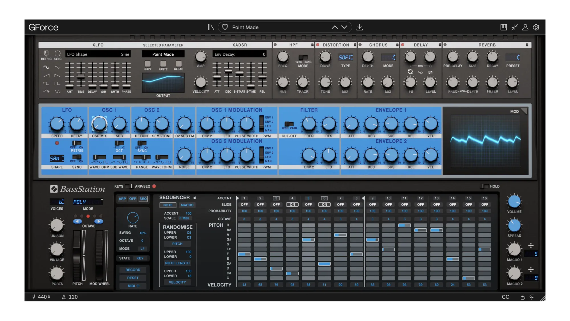Novation Bass Station synthesizer plugin interface with controls and waveform display.