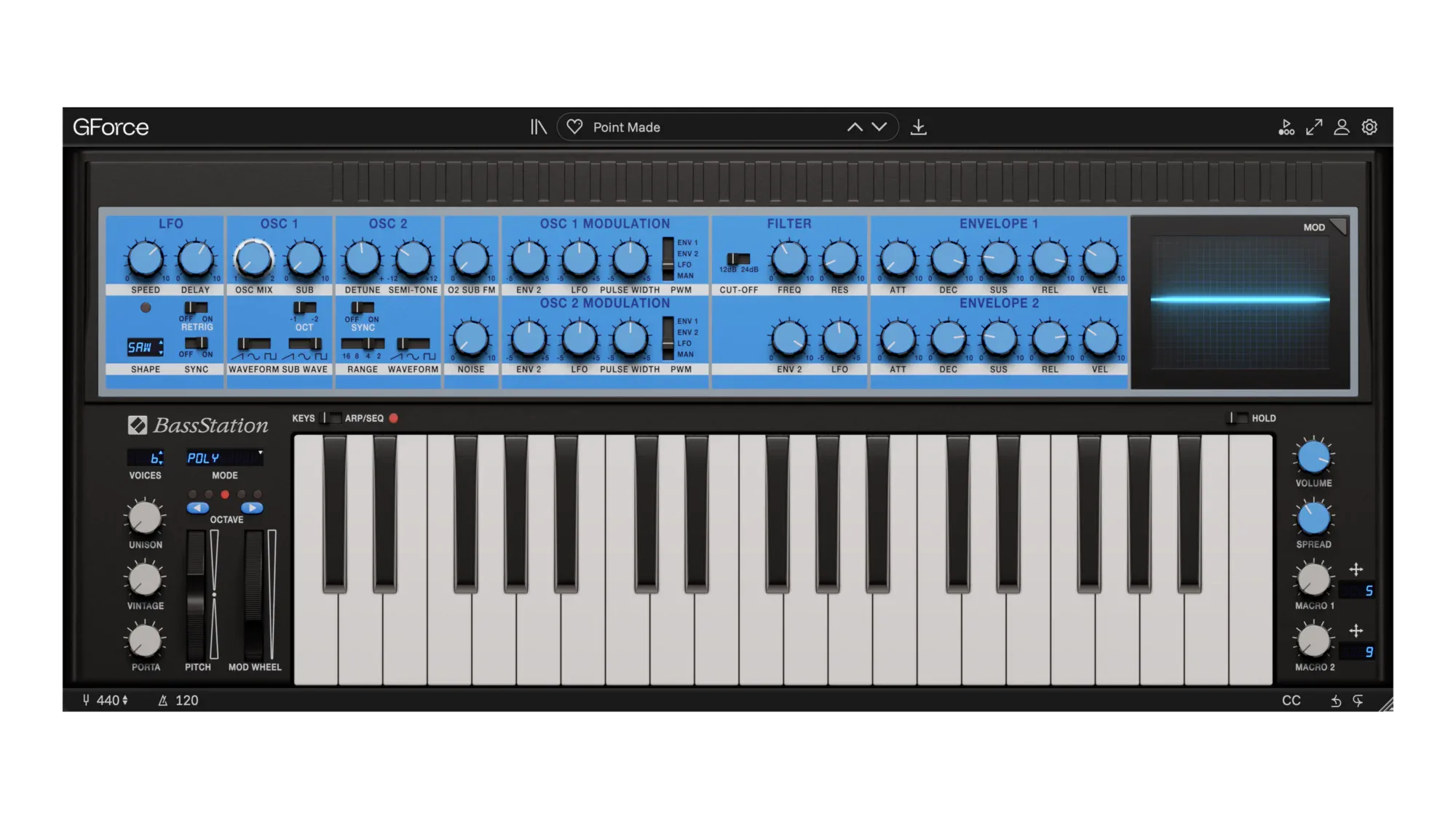 Digital synthesizer interface with blue controls and keyboard for music production.