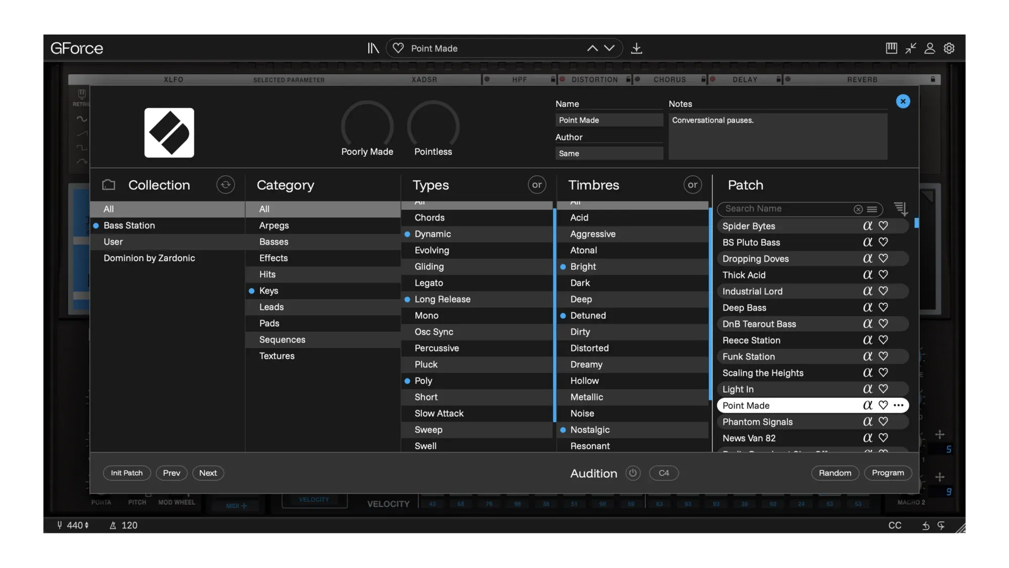 Screenshot of GForce Software Bass Station synthesizer interface with controls and settings.