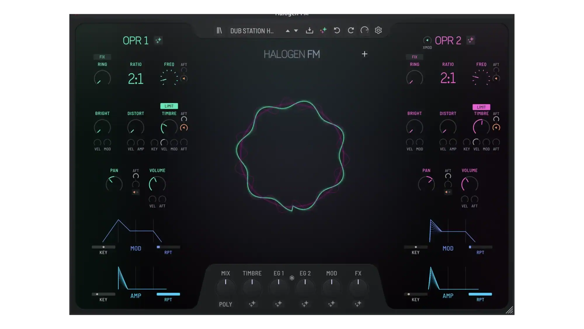 Digital DJ mixer interface with colorful controls and waveforms for Halogen FM.