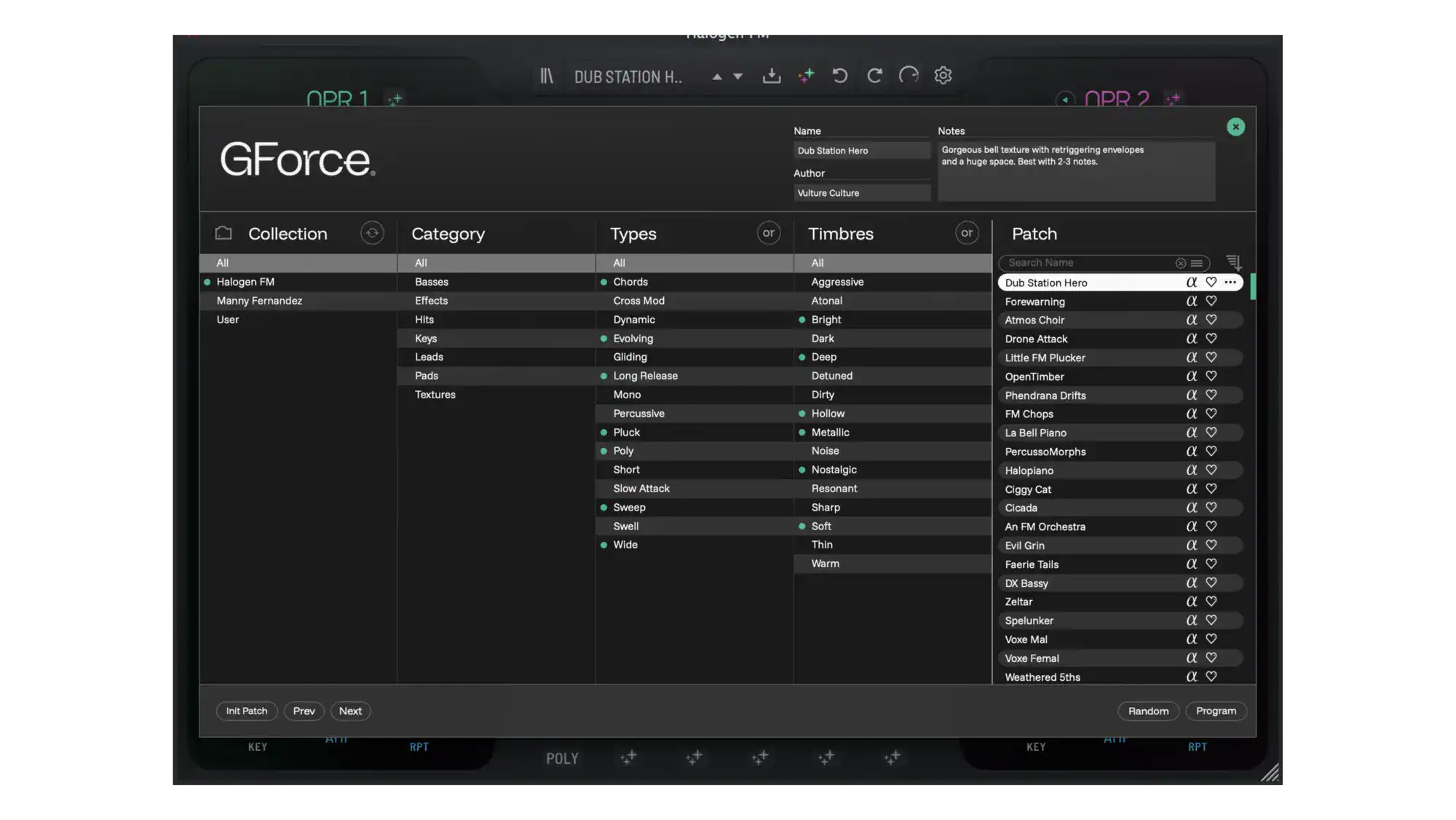 Screenshot of GForce Software Halogen FM synthesizer interface on a computer screen.