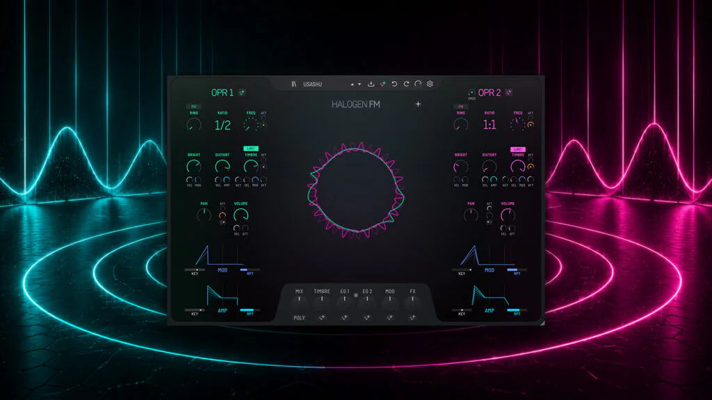 DJ controller interface with neon wave background for Halogen FM.