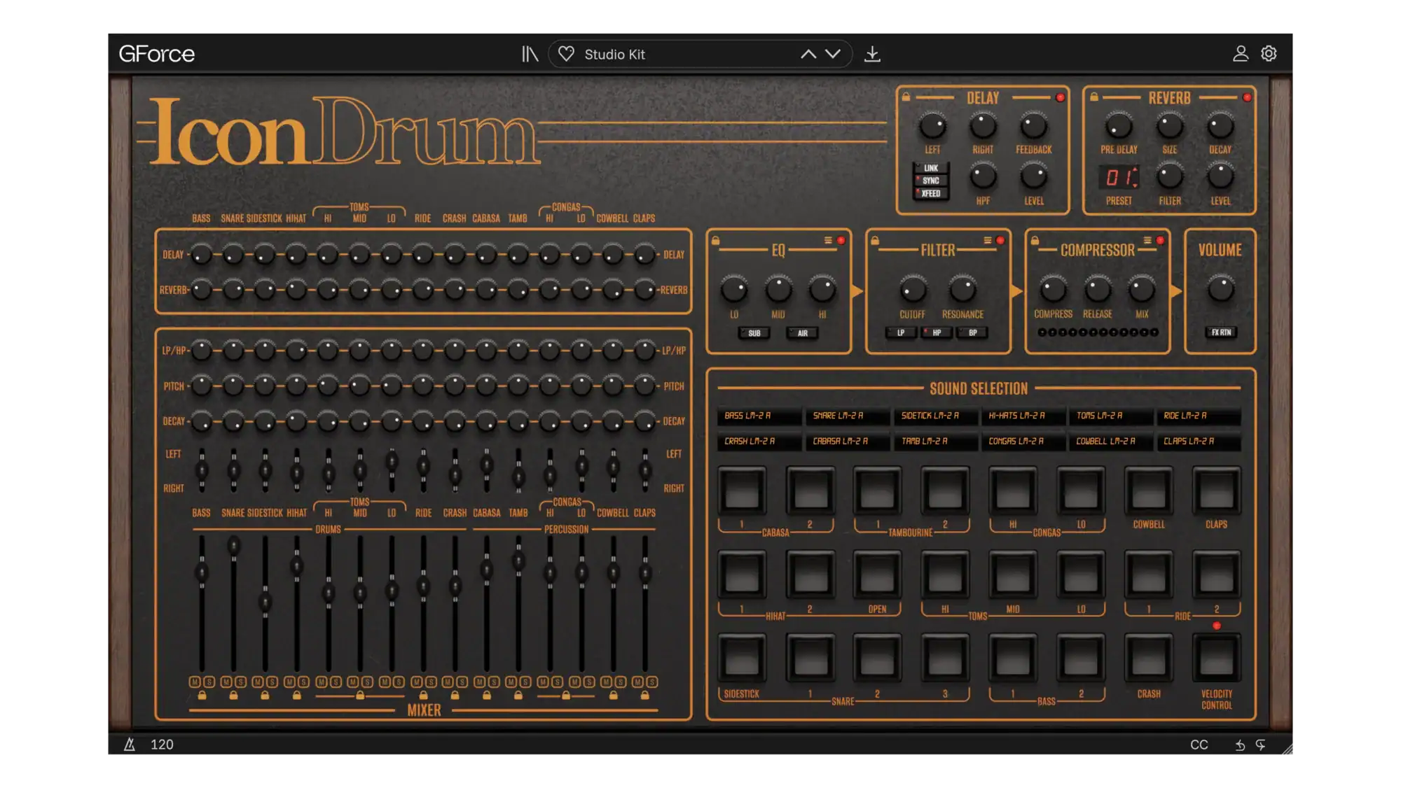 Screenshot of IconDrum virtual drum machine with controls and sound pads.