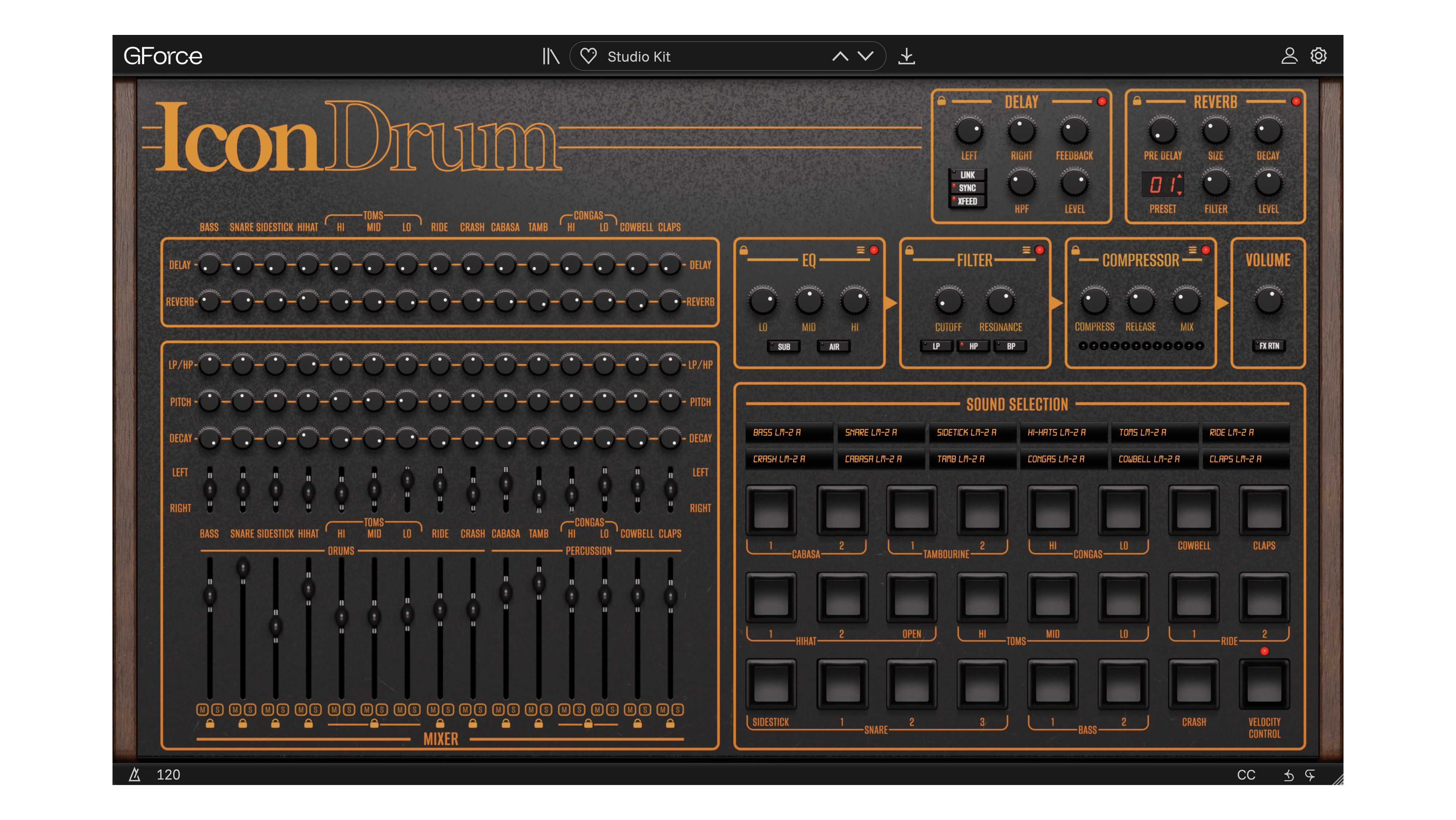 Screenshot of IconDrum virtual drum machine with controls and sound pads.
