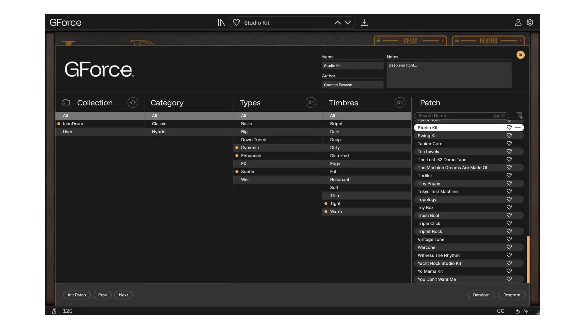Screenshot of GForce IconDrum software interface showing controls and settings.