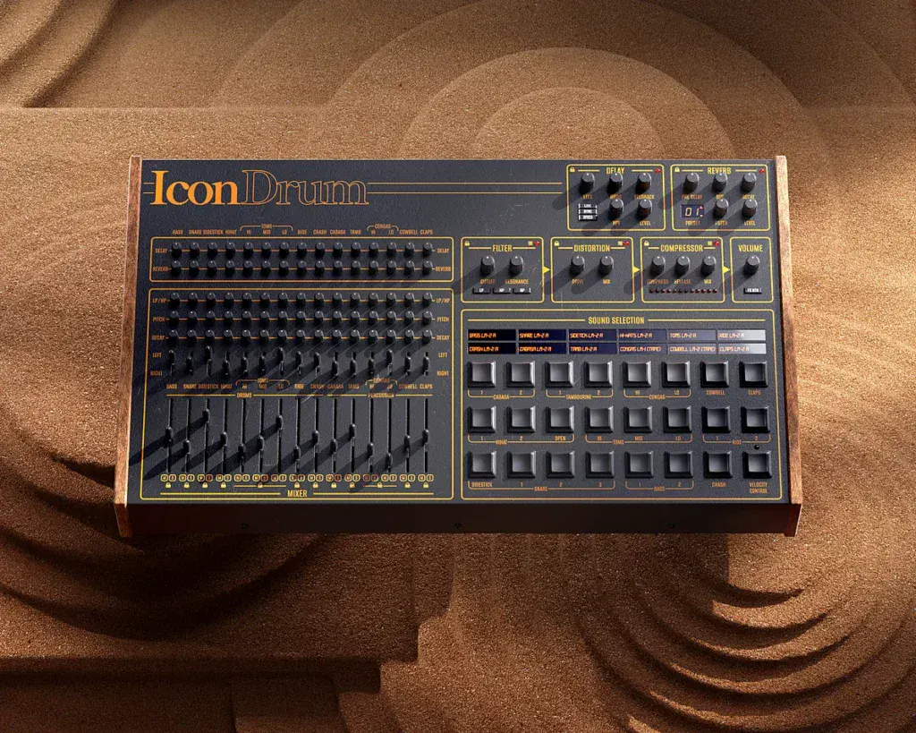 IconDrum electronic drum machine with controls and pads for music production.