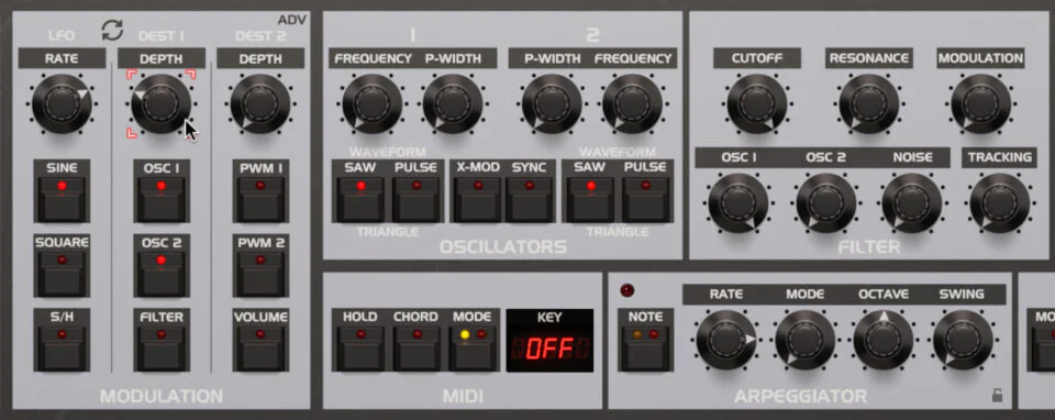 OB-X synthesizer with LFO controls for creative sound modulation.