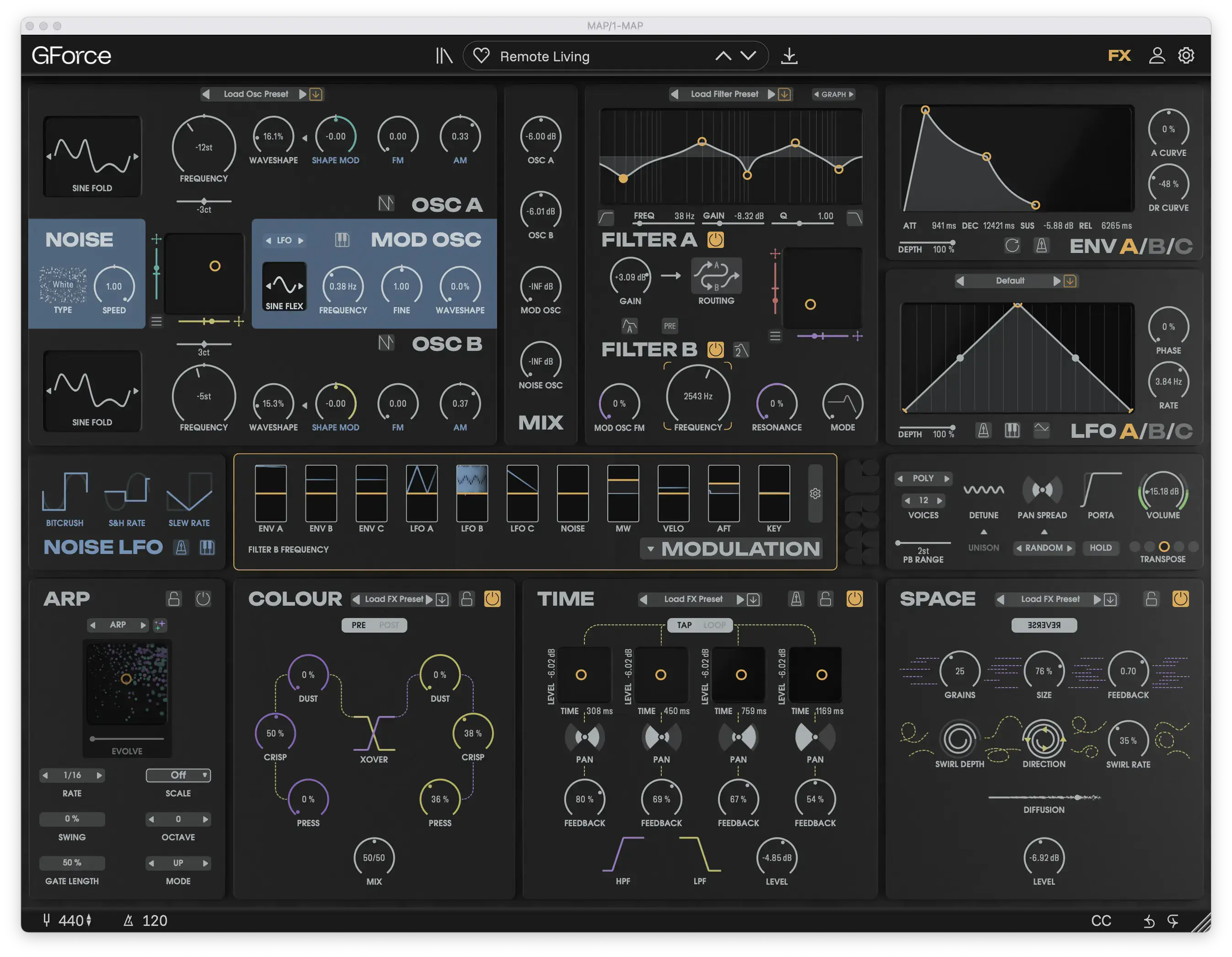 Screenshot of GForce software audio plugin interface with various controls and filters.