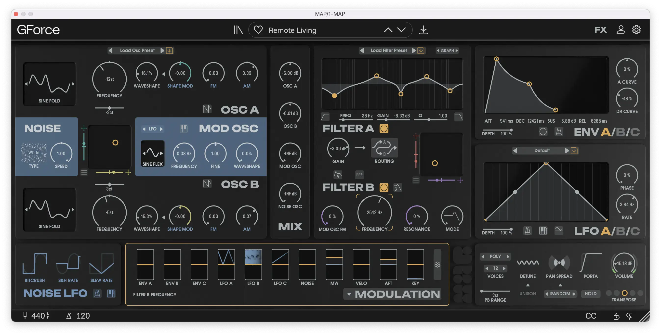 Screenshot of GForce Software audio plugin interface with modulation and filter controls.