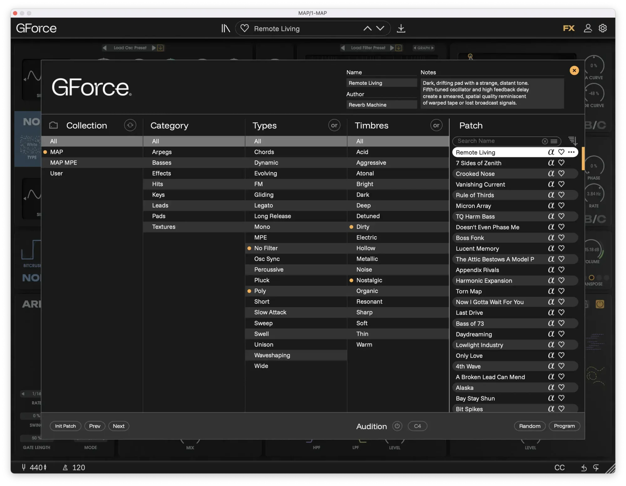 Screenshot of GForce MAP software showing collection, effects, and patch options.