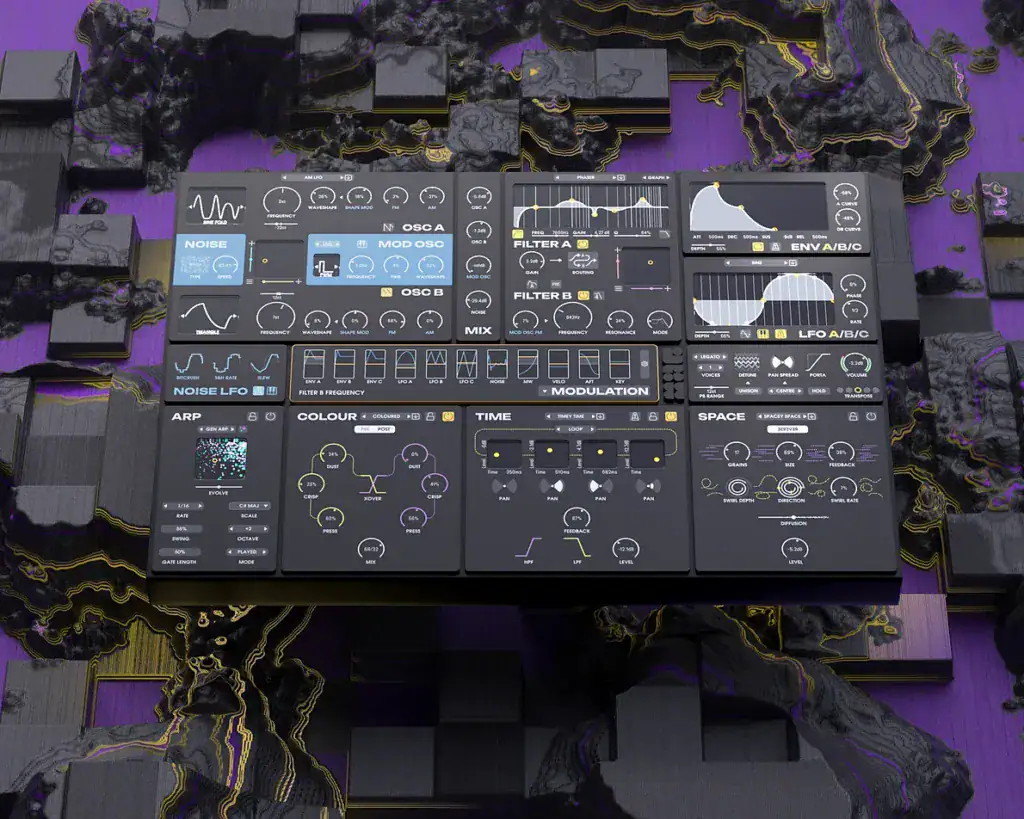GForce MAP synthesizer interface with various controls and visual displays.