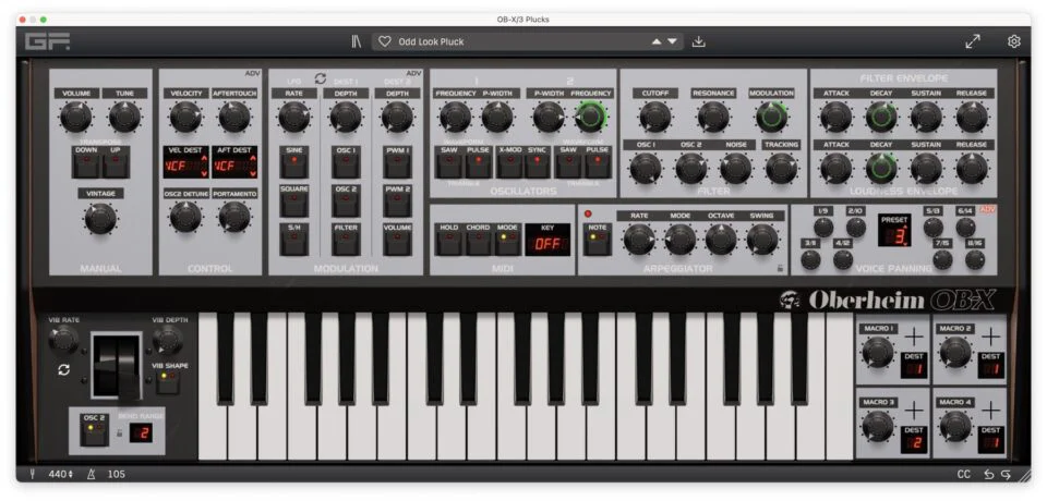 Close-up of Oberheim OB-Xa synthesizer with controls and keyboard.