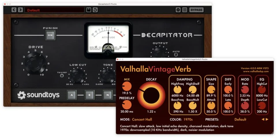 Audio effects plugins Decapitator and Valhalla VintageVerb for music production.