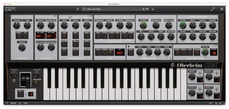 GForce Software OB-Xd synthesizer keyboard and controls for music production.