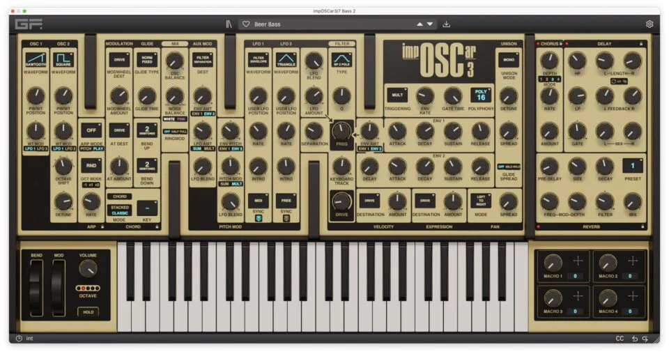Virtual synthesizer interface with knobs, buttons, and keyboard for music production.