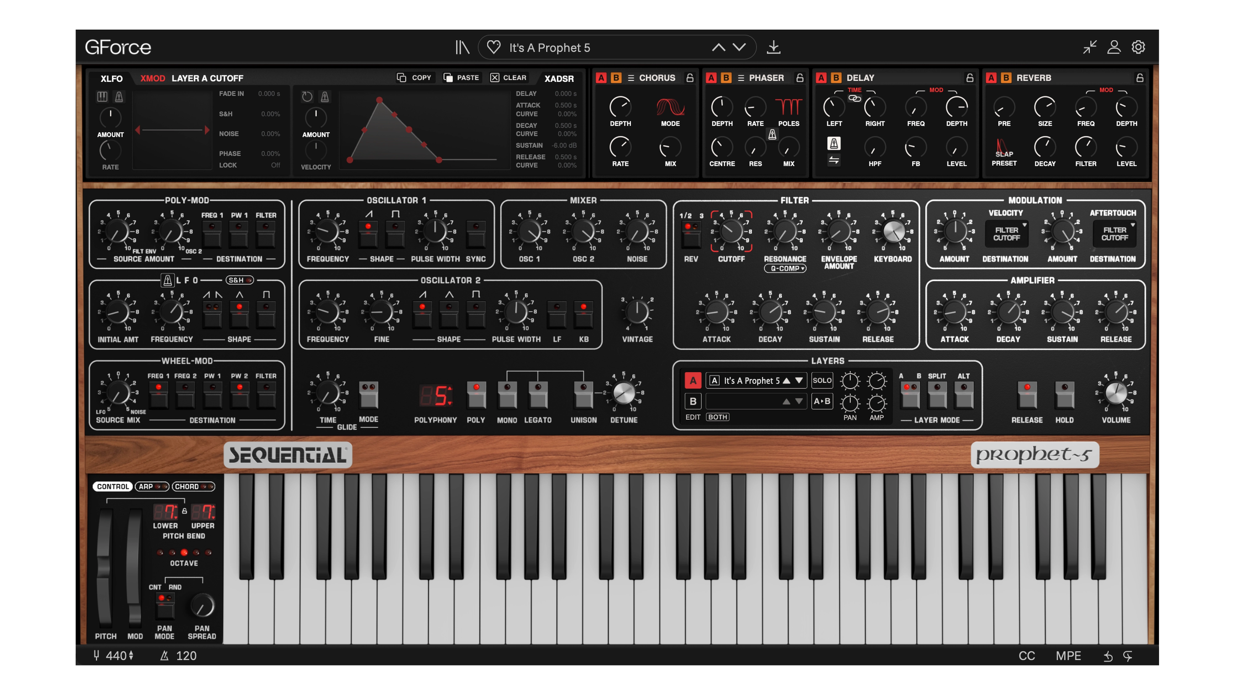 GForce Software Sequential Prophet~5 virtual synthesizer interface.