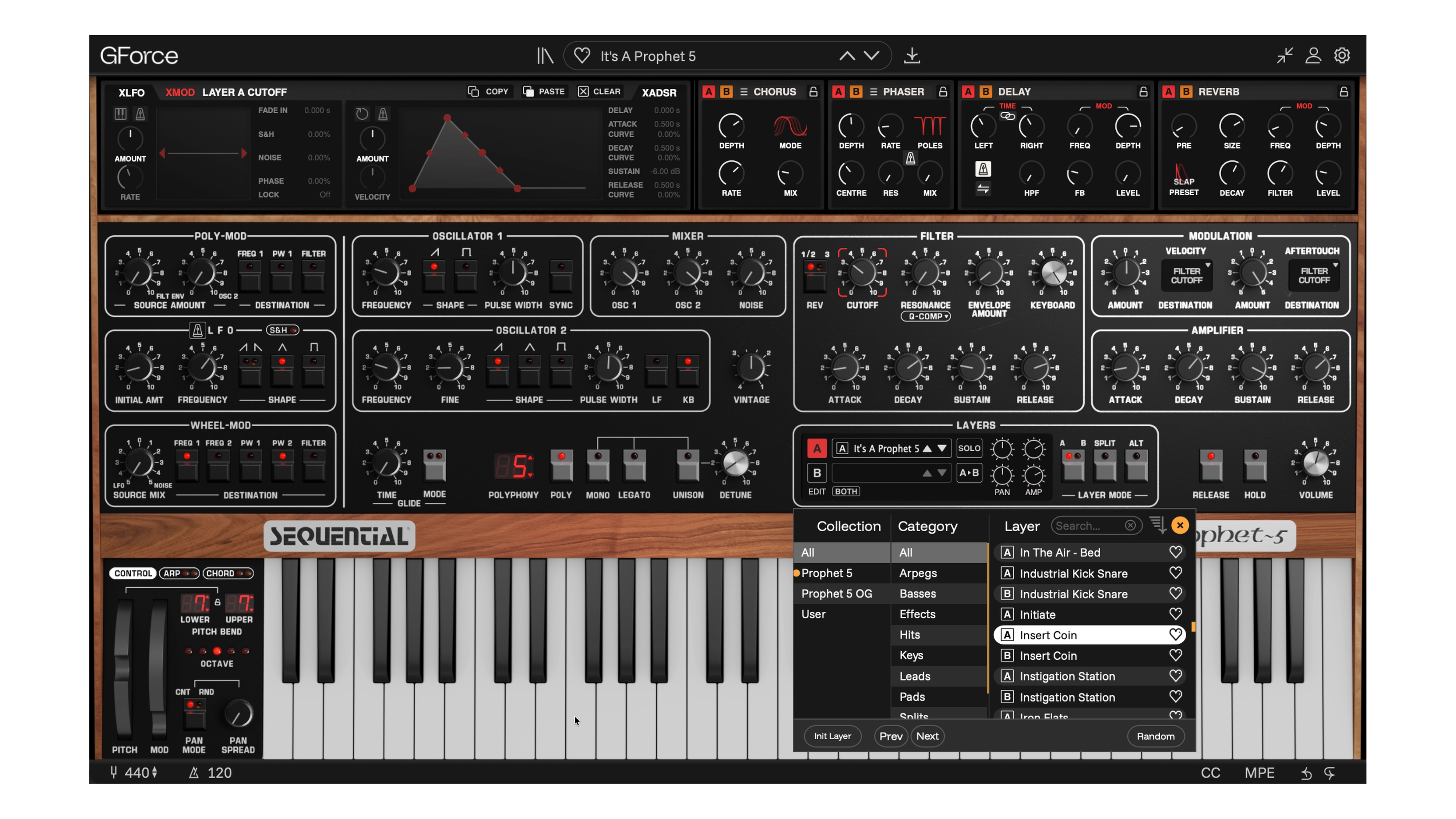Screenshot of GForce Software's Sequential Prophet~5 virtual synthesizer interface.