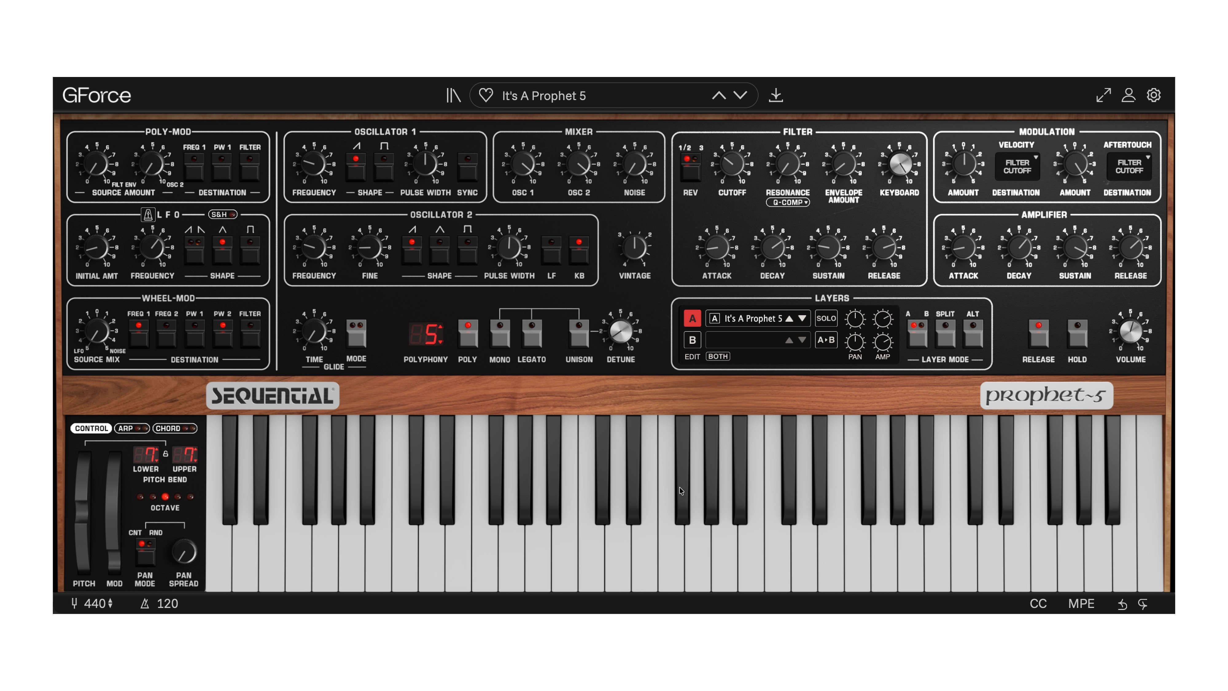 Sequential Prophet~5 synthesizer with controls and keyboard view.