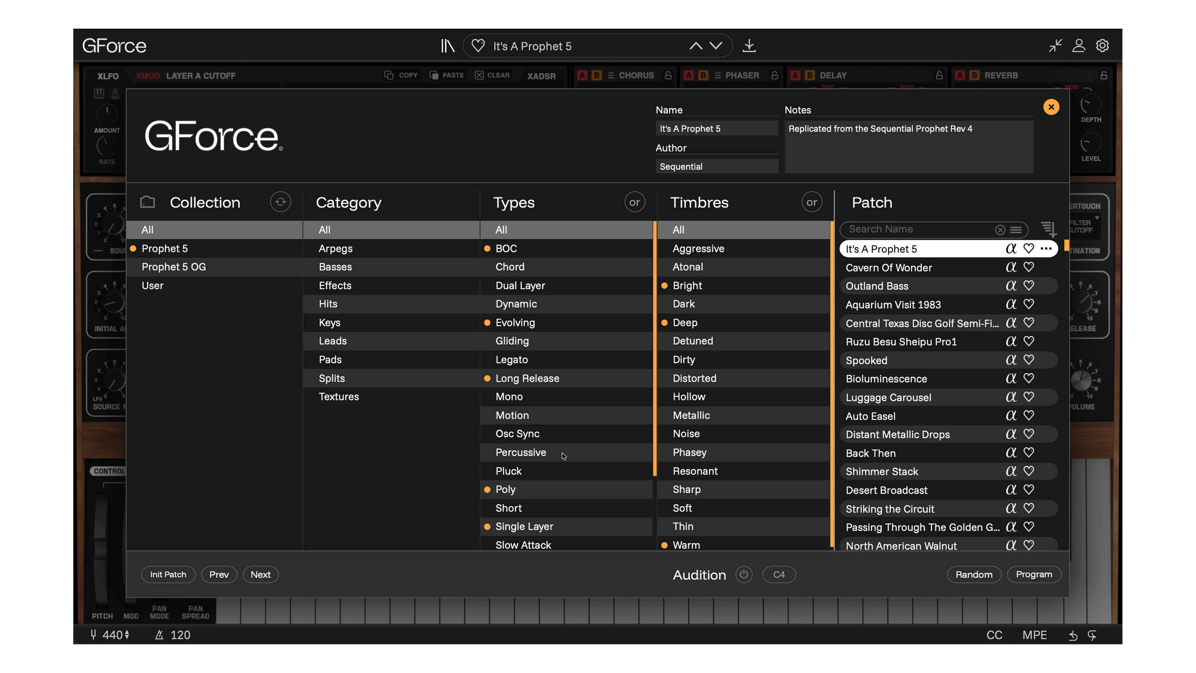GForce Sequential® Prophet~5 software interface with controls and settings.