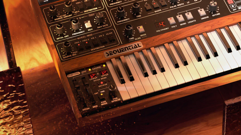 Vintage Sequential Prophet~5 analog synthesizer with control panel and keyboard.