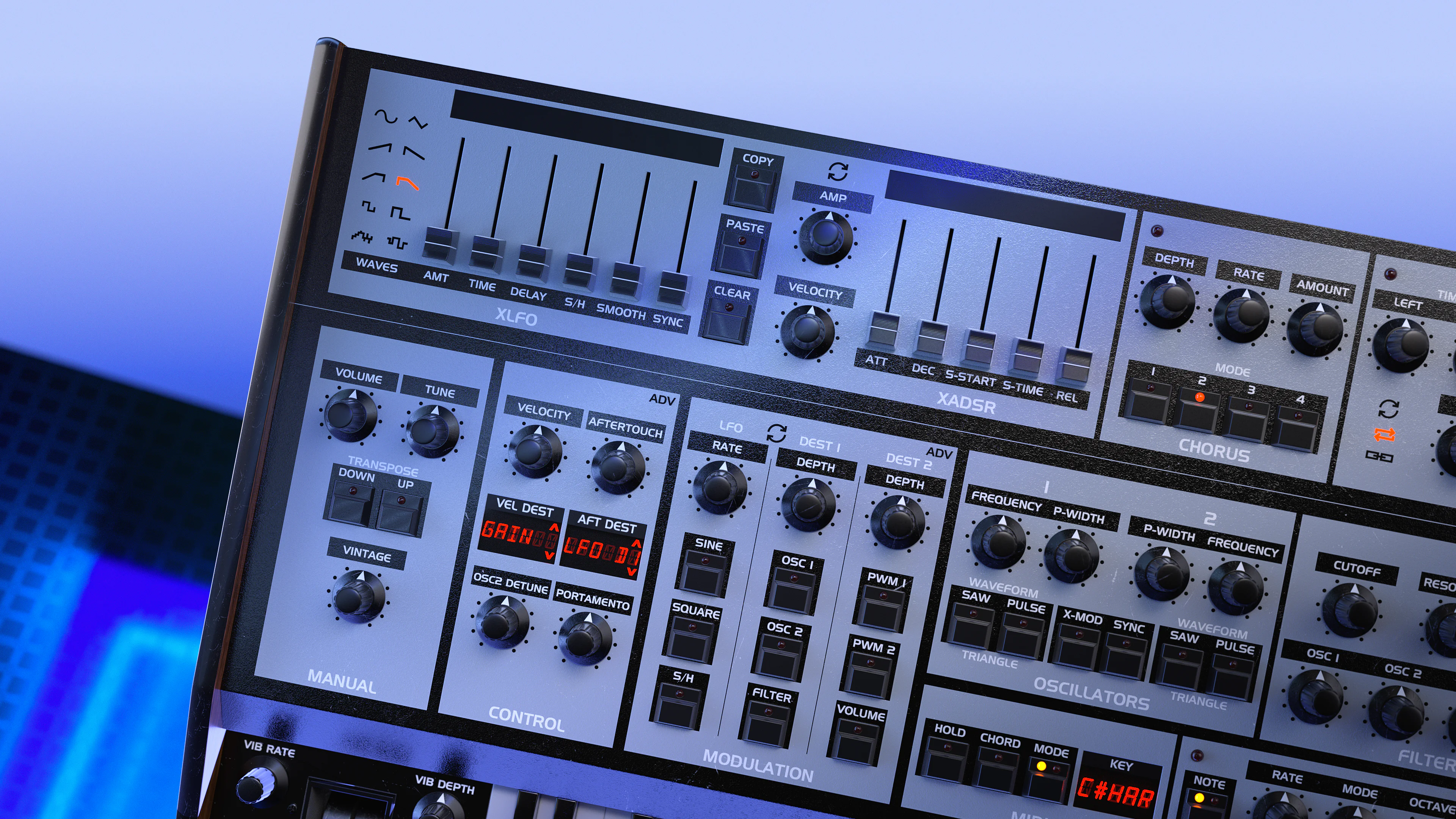 Close-up of a professional electronic music synthesizer with various knobs and sliders.