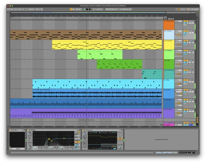 Ableton Live project with colorful MIDI clips and audio tracks for music creation.
