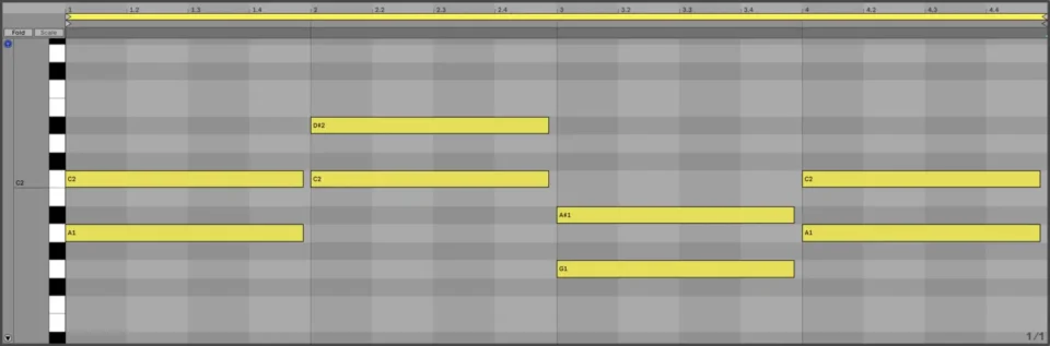 Digital music production interface with MIDI notes and tracks.