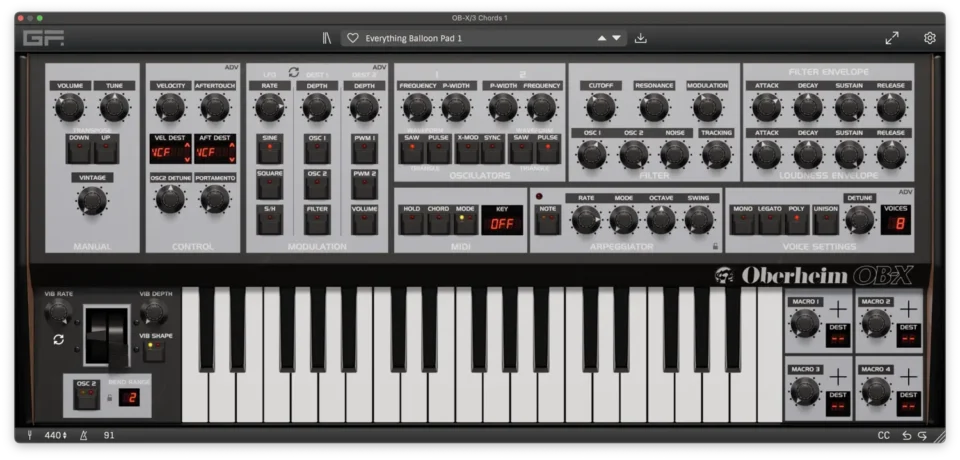 Vintage Oberheim OB-X synthesizer with control knobs and keyboard.